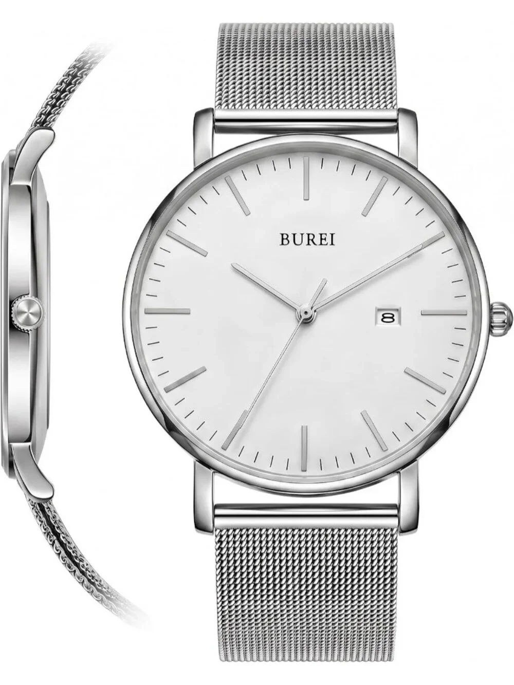 Men's Silver Stainless Steel Mesh Band Minimalist Analog Waterproof Wrist Watch